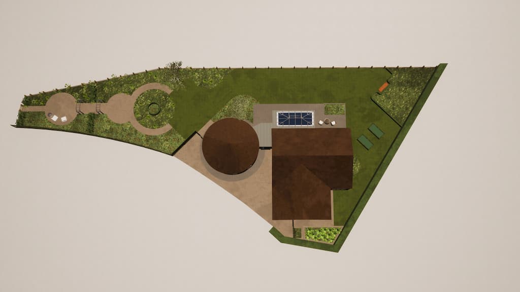 CAD image of a garden with an awkward shape by Llevelo Garden Designs