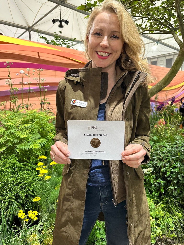 Penelope Walker of Llevelo Garden Design with the Silver-Gilt Medal awarded for her debut garden at the Chelsea Flower Show; The Panathlon Joy Garden