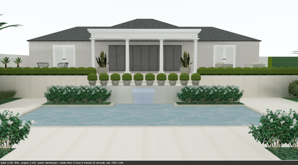 An sophisticated pool house overlooks a swimming pool with a blade water feature which cascades into the pool. Green planting gives the scheme a luxury feel as well as interest throughout the year. Landscape Designer Llevelo completes.