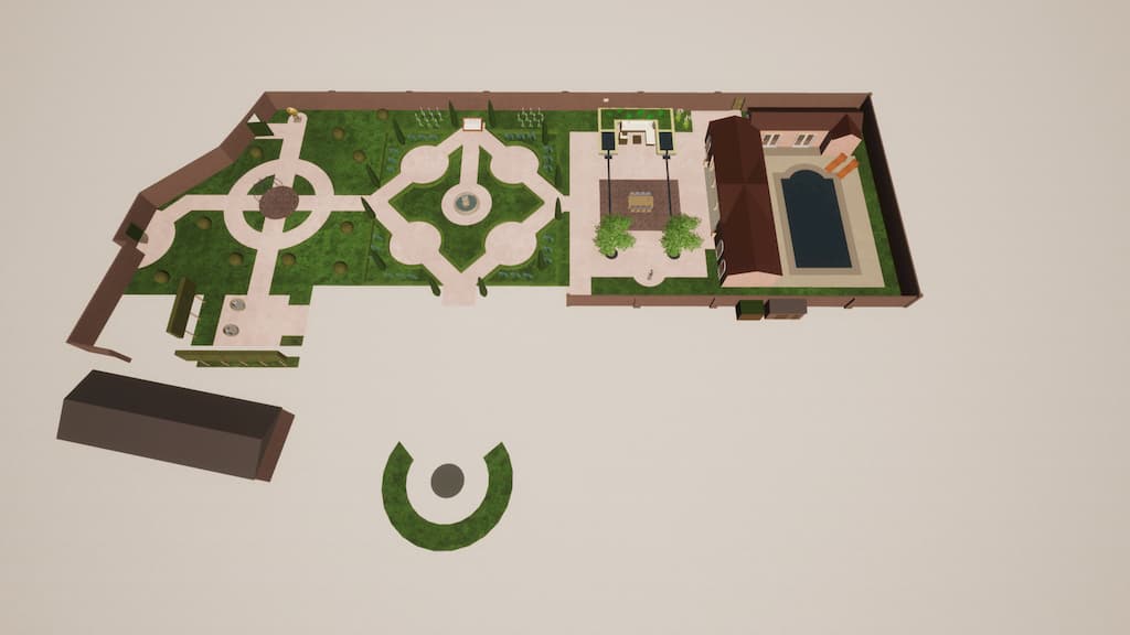 A CAD impression of a luxury Italian inspired walled garden which has been transformed in a stylish entertainment garden. Cypress trees create architectural interest through height. A luxury seating area is near the pool house is framed by a contemporary rill. To the other side of the pool house, is the swimming pool.