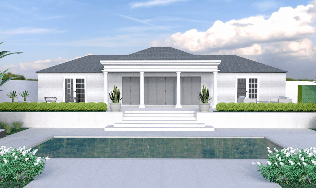 The view of a spa building with traditional columns supporting a grand entrance. Steps lead down from the upper terrace to a lower level. A medium sized swimming pool is on the lower level. Surrounding planting is primarily green for a contemporary look and feel