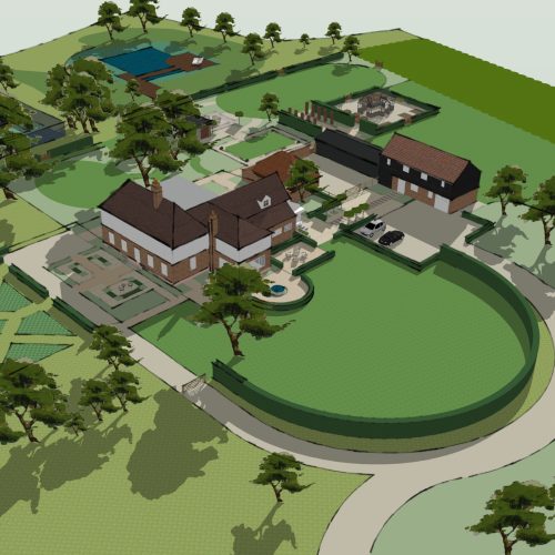 A large country estate in the heart of Suffolk. A traditional building set surrounded by a multi-acre garden and woodlands. A large lawn to the front of the property gives the setting a sense of grandeur. An evergreen Taxus (Yew) hedge to a height of 2 meters is planted around the perimeter of the lawn. The hedge brings structure and offers privacy. Additionally, it screens the driveway from view.